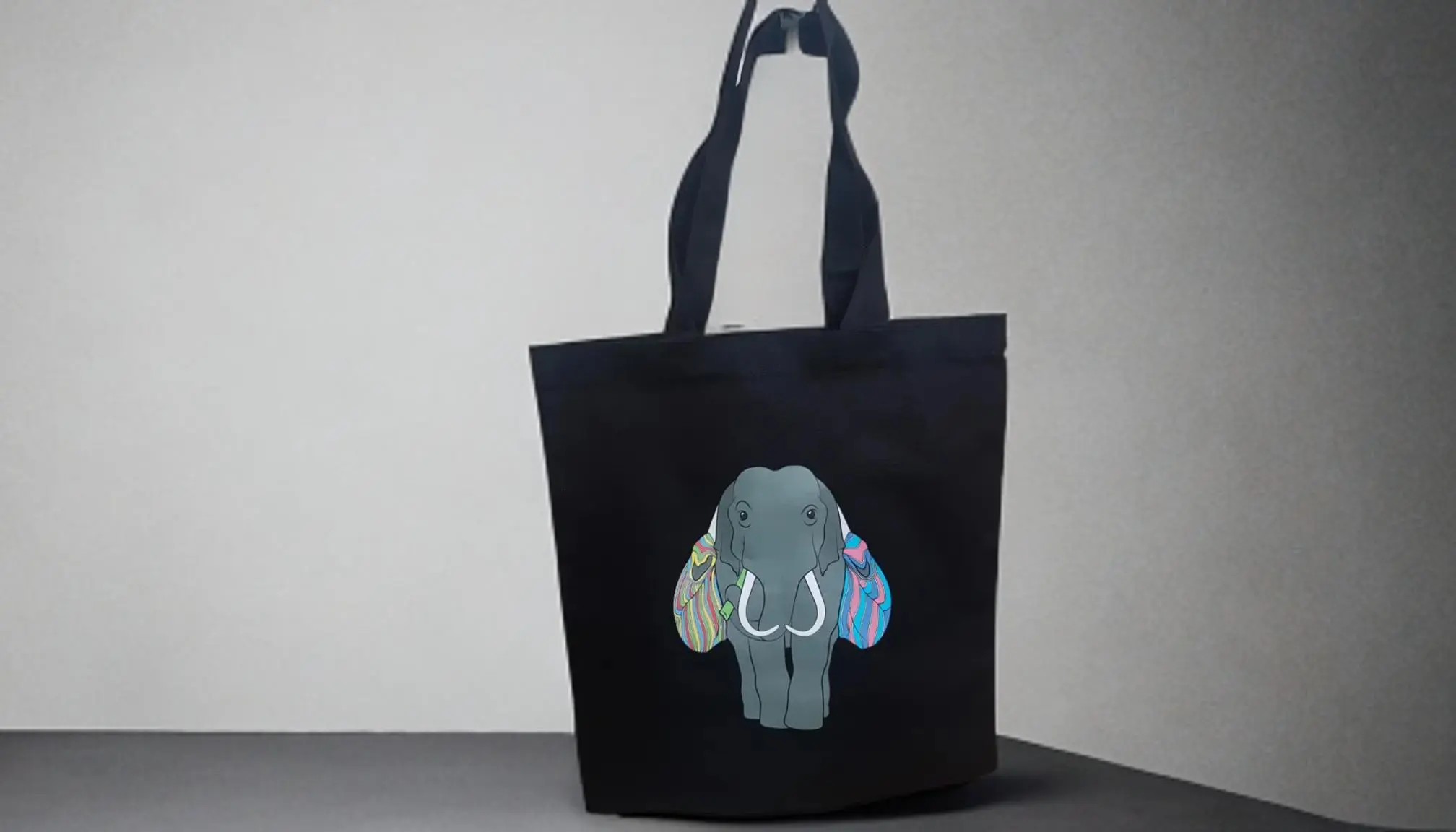 Elephant Print Black Tote